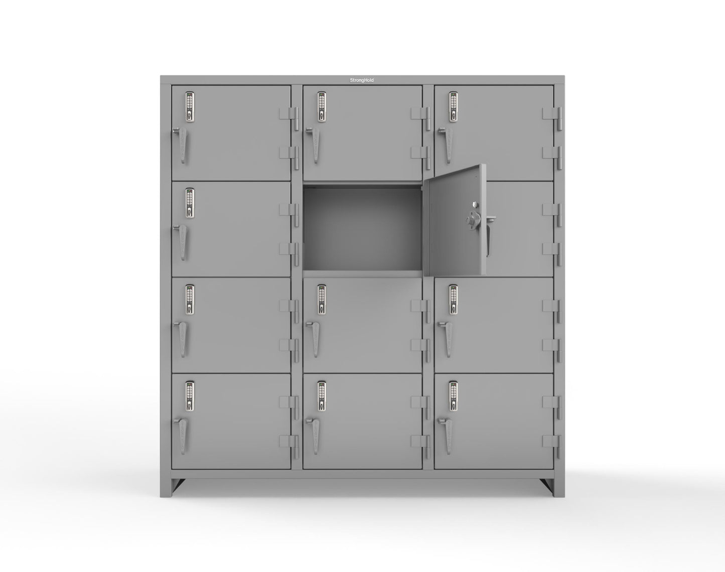 Extra Heavy Duty 14 GA 4-Tier Locker with Keyless Entry Lock, 12 Compartments – 72 in. W x 24 in. D x 75 in. H - 66-12D-24-4T-EK-L-7037