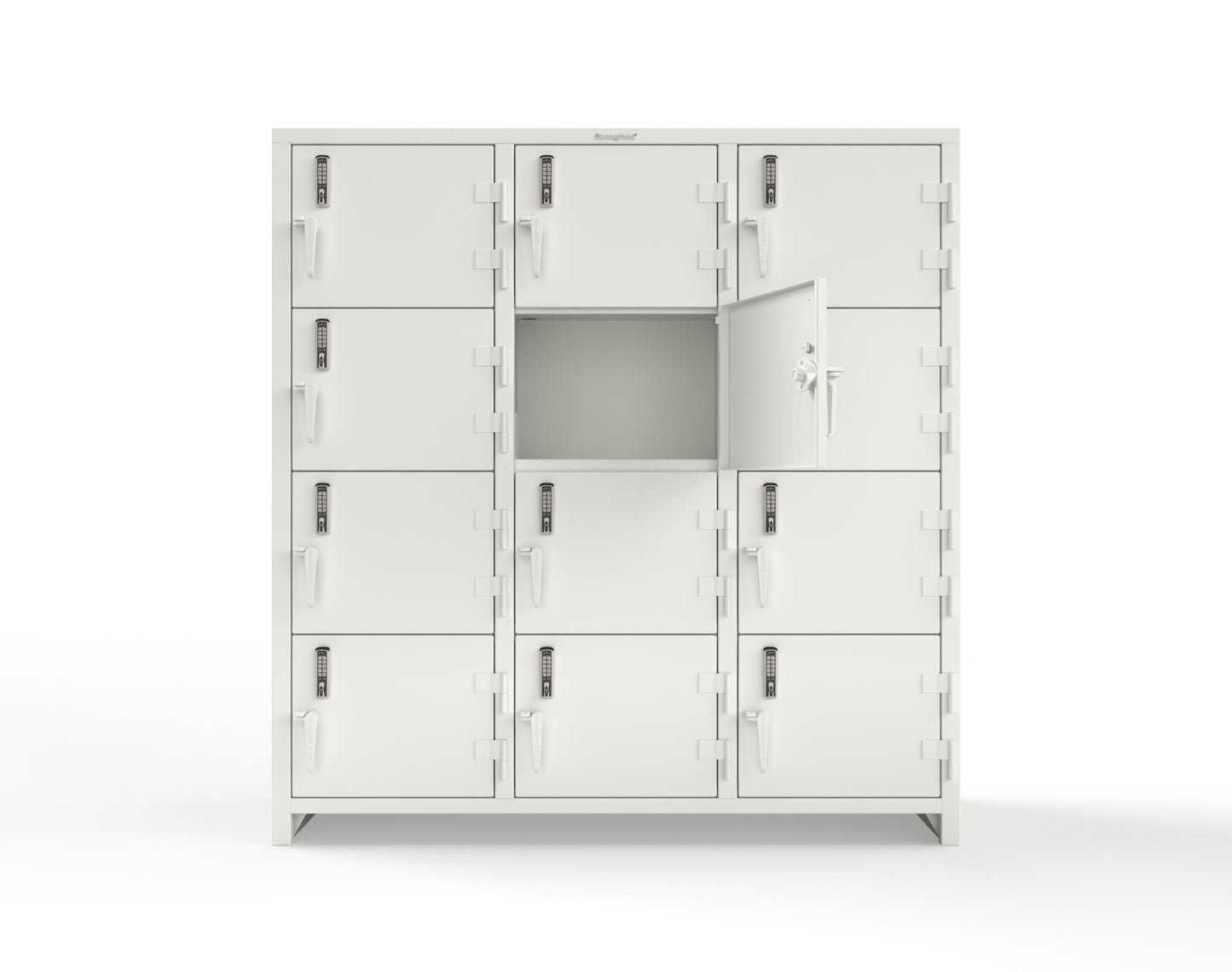 Extra Heavy Duty 14 GA 4-Tier Locker with Keyless Entry Lock, 12 Compartments – 72 in. W x 24 in. D x 75 in. H - 66-12D-24-4T-EK-L-9003