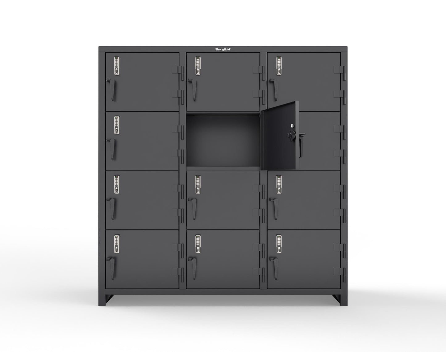 Extra Heavy Duty 14 GA 4-Tier Locker with Keyless Entry Lock, 12 Compartments – 72 in. W x 24 in. D x 75 in. H - 66-12D-24-4T-EK-L-9005