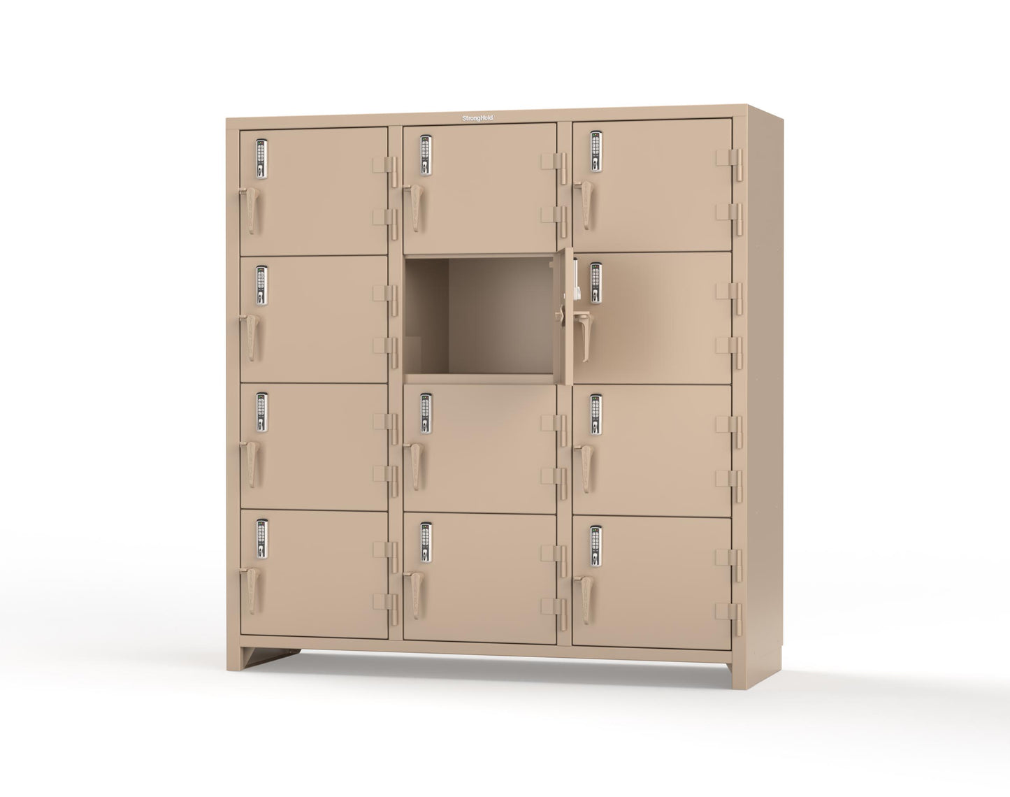Extra Heavy Duty 14 GA 4-Tier Locker with Keyless Entry Lock, 12 Compartments – 72 in. W x 24 in. D x 75 in. H - 66-12D-24-4T-EK-L-1019