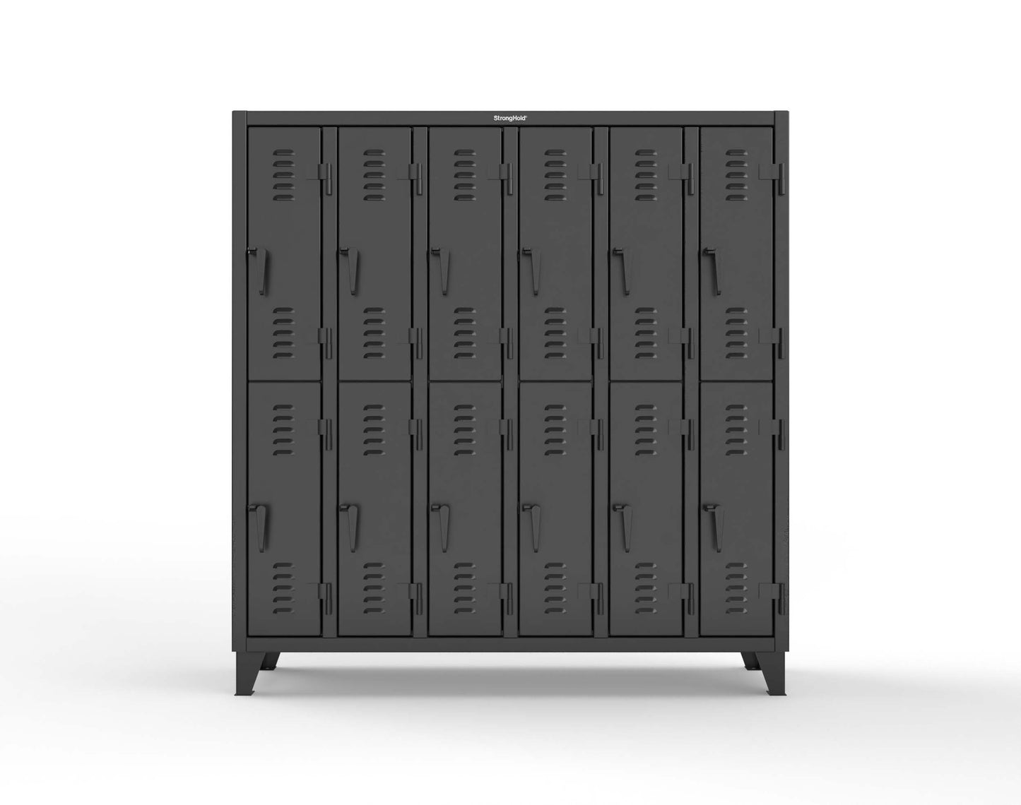 Extreme Duty 12 GA Double-Tier Locker with 12 Compartments, Louvered Doors, Coat Hooks - 74 in. W x 18in. D x 78 in. H - 66-18-2TSL-9005