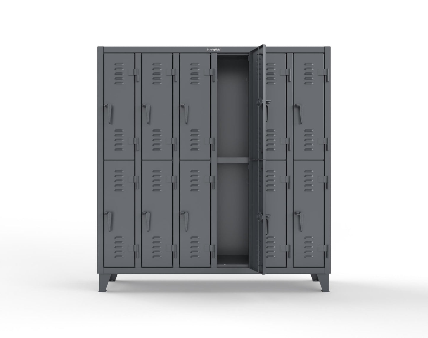 Extreme Duty 12 GA Double-Tier Locker with 12 Compartments, Louvered Doors, Coat Hooks - 74 in. W x 18in. D x 78 in. H - 66-18-2TSL-7024