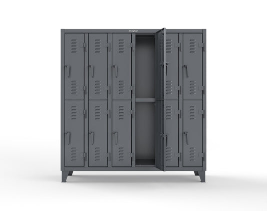 Extreme Duty 12 GA Double-Tier Locker with 12 Compartments, Louvered Doors, Coat Hooks - 74 in. W x 18in. D x 78 in. H - 66-18-2TSL-7024