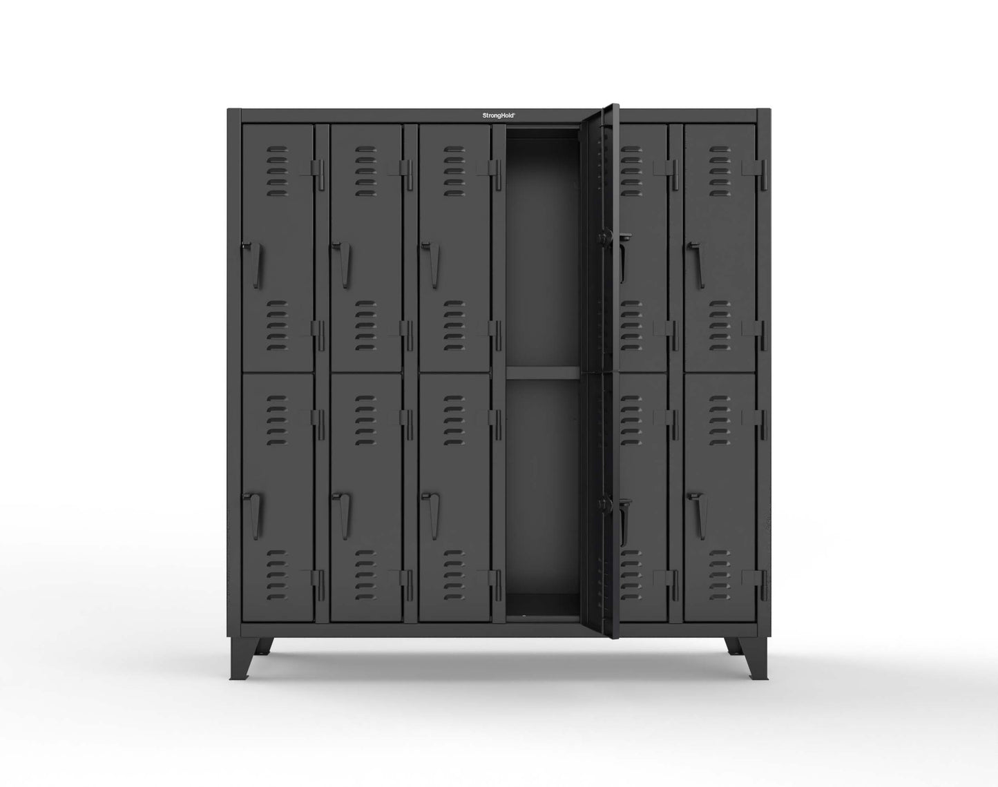 Extreme Duty 12 GA Double-Tier Locker with 12 Compartments, Louvered Doors, Coat Hooks - 74 in. W x 18in. D x 78 in. H - 66-18-2TSL-9005