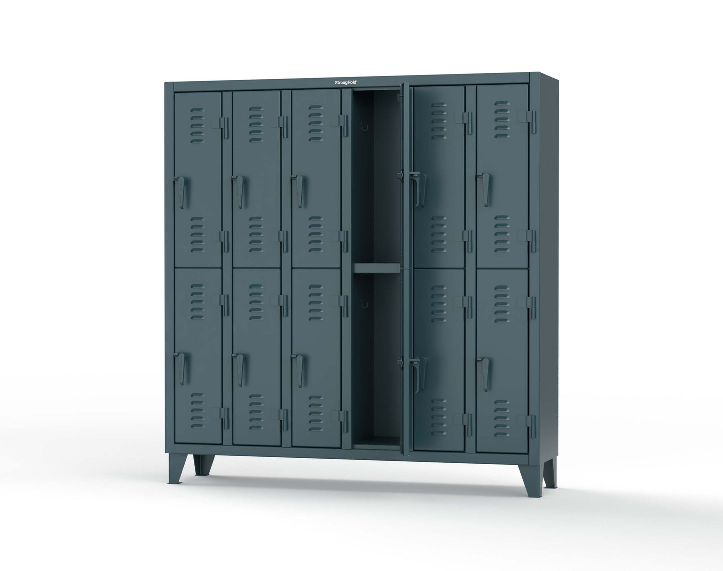Extreme Duty 12 GA Double-Tier Locker with 12 Compartments, Louvered Doors, Coat Hooks - 74 in. W x 18in. D x 78 in. H - 66-18-2TSL-5001