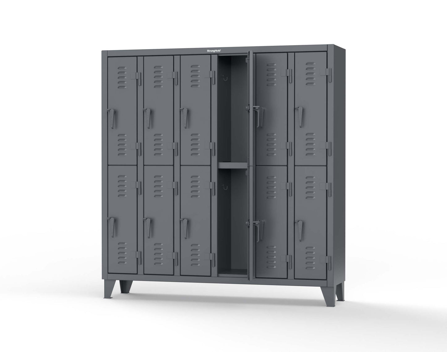 Extreme Duty 12 GA Double-Tier Locker with 12 Compartments, Louvered Doors, Coat Hooks - 74 in. W x 18in. D x 78 in. H - 66-18-2TSL-7024