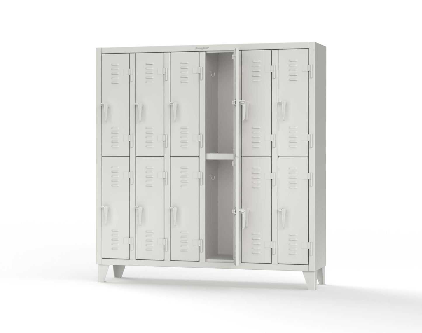 Extreme Duty 12 GA Double-Tier Locker with 12 Compartments, Louvered Doors, Coat Hooks - 74 in. W x 18in. D x 78 in. H - 66-18-2TSL-9003
