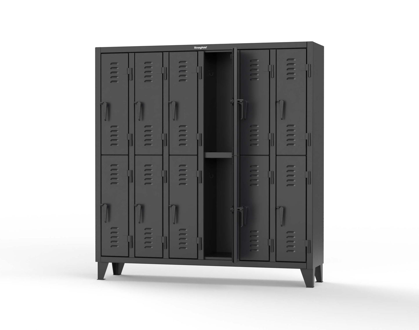 Extreme Duty 12 GA Double-Tier Locker with 12 Compartments, Louvered Doors, Coat Hooks - 74 in. W x 18in. D x 78 in. H - 66-18-2TSL-9005