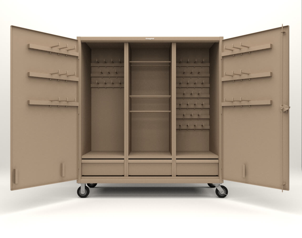 Extreme Duty 12 GA Mobile Rigging Cabinet with Welded Hooks, 3 Drawers, Hanger Rods - 72 in. W x 30 in. D x 80 in. H