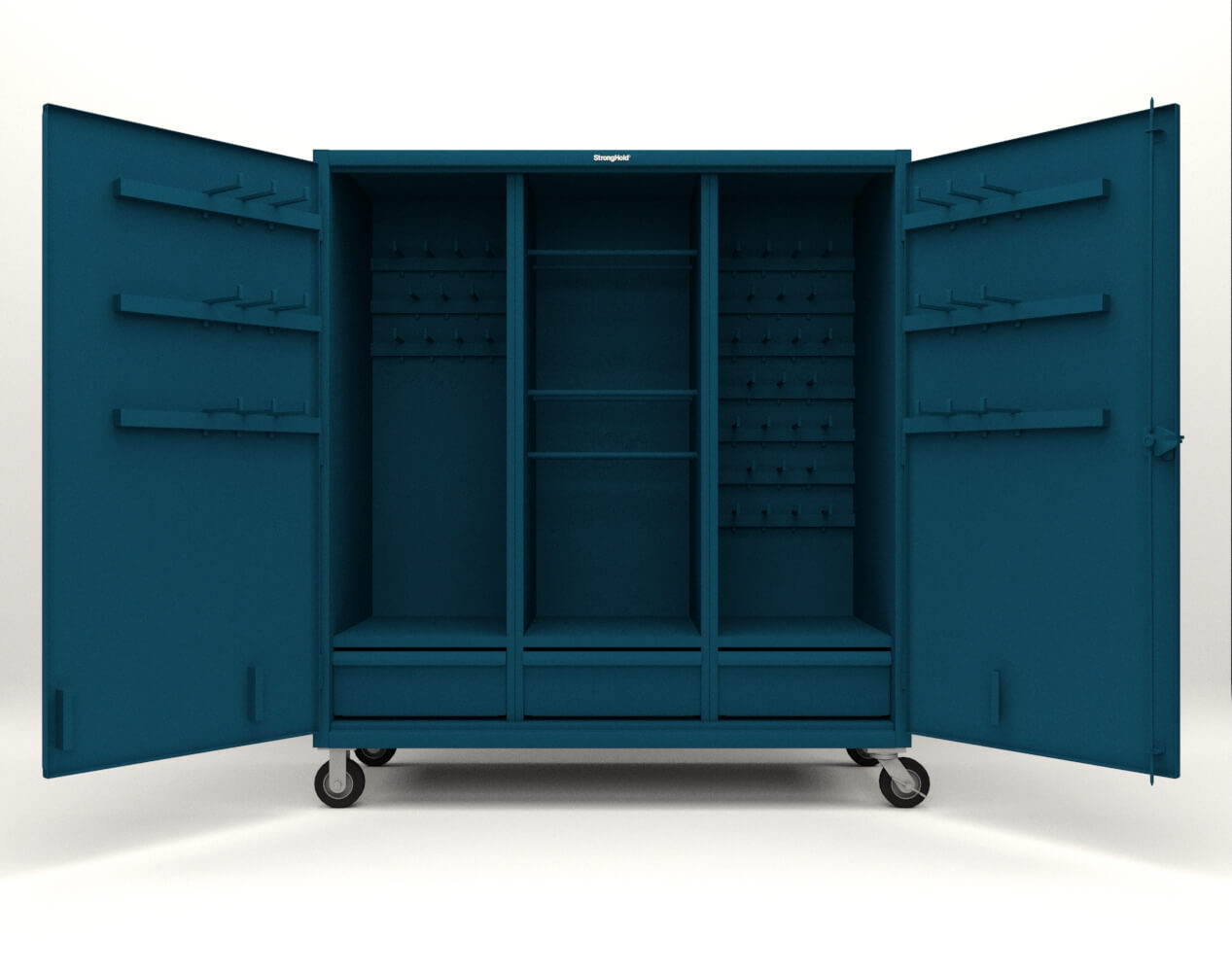 Extreme Duty 12 GA Mobile Rigging Cabinet with Welded Hooks, 3 Drawers, Hanger Rods - 72 in. W x 30 in. D x 80 in. H