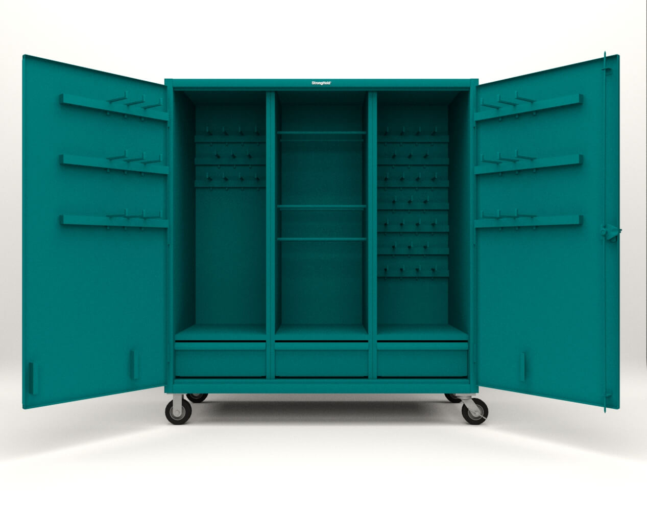 Extreme Duty 12 GA Mobile Rigging Cabinet with Welded Hooks, 3 Drawers, Hanger Rods - 72 in. W x 30 in. D x 80 in. H