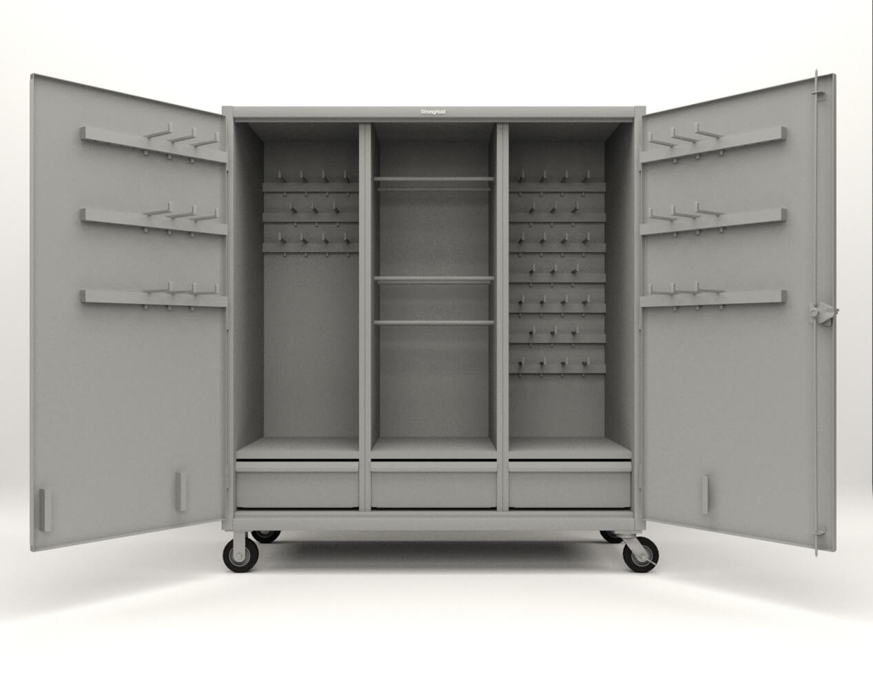 Extreme Duty 12 GA Mobile Rigging Cabinet with Welded Hooks, 3 Drawers, Hanger Rods - 72 in. W x 30 in. D x 80 in. H