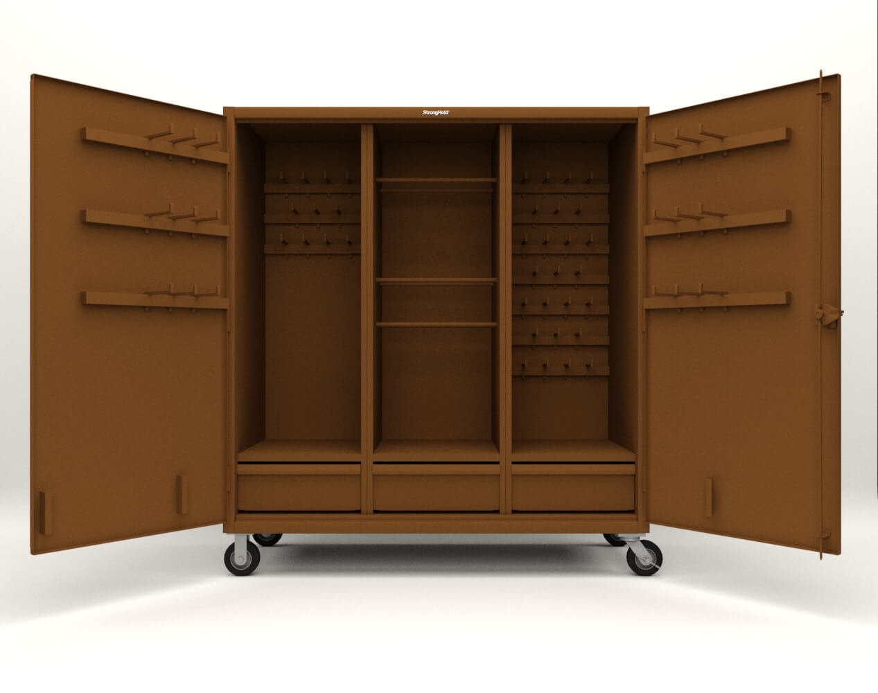 Extreme Duty 12 GA Mobile Rigging Cabinet with Welded Hooks, 3 Drawers, Hanger Rods - 72 in. W x 30 in. D x 80 in. H