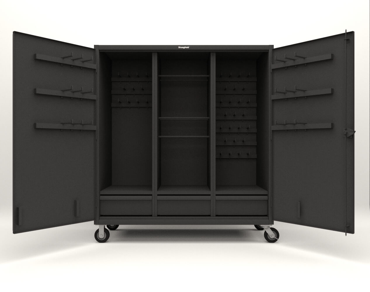 Extreme Duty 12 GA Mobile Rigging Cabinet with Welded Hooks, 3 Drawers, Hanger Rods - 72 in. W x 30 in. D x 80 in. H