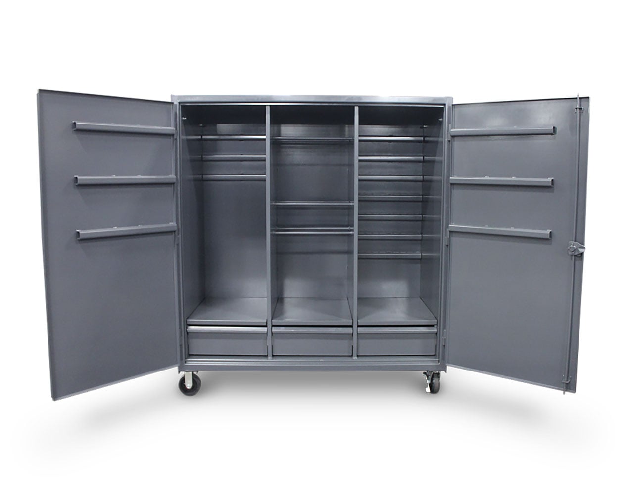 Extreme Duty 12 GA Mobile Rigging Cabinet with Welded Hooks, 3 Drawers, Hanger Rods - 72 in. W x 30 in. D x 80 in. H