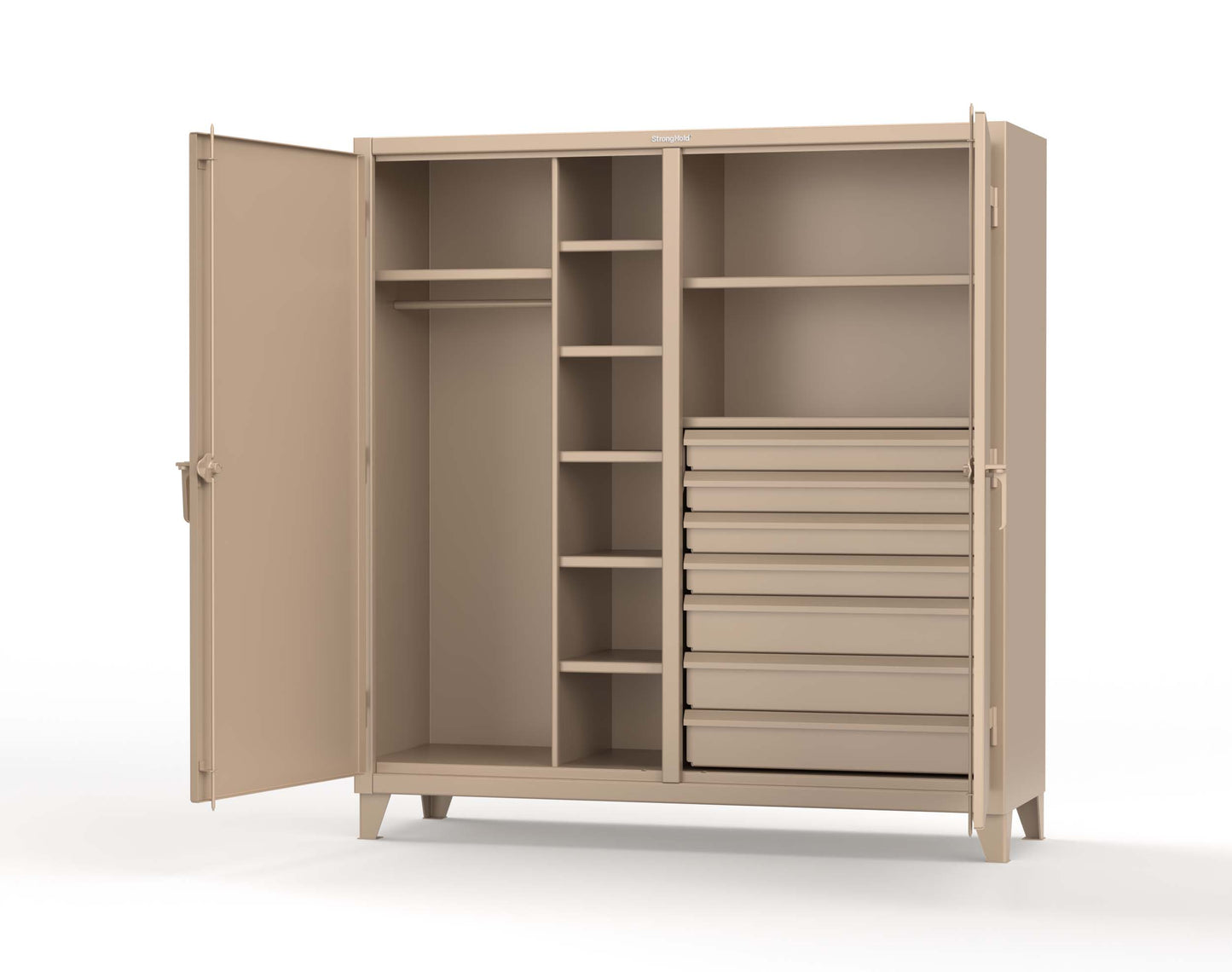 Extreme Duty 12 GA Double Shift Uniform Cabinet with 7 Drawers, 7 Shelves - 72 In. W x 24 In. D x 78 In. H - 66-DSW-247-7DB-1019