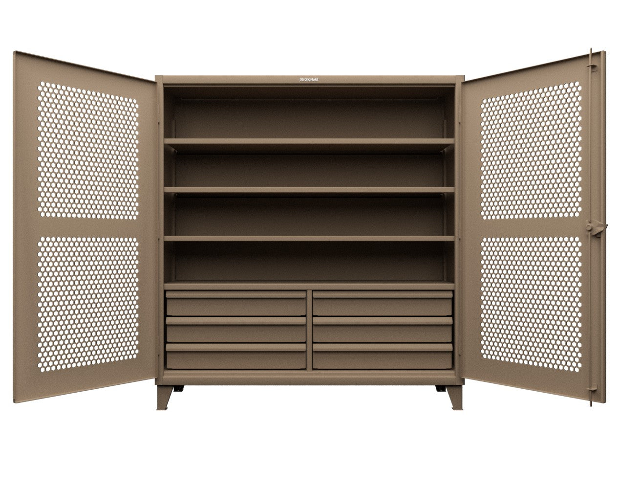 Extreme Duty 12 GA Ventilated (Hex) Cabinet with 6 Half-Width Drawers, 4 Shelves - 72 In. W x 24 In. D x 78 In. H - 66-H-244-6/5DB-1019