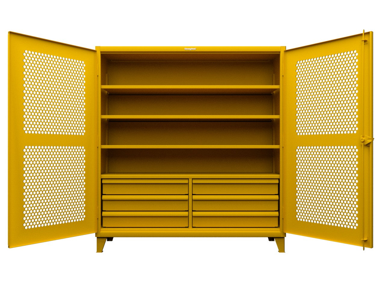 Extreme Duty 12 GA Ventilated (Hex) Cabinet with 6 Half-Width Drawers, 4 Shelves - 72 In. W x 24 In. D x 78 In. H - 66-H-244-6/5DB-1021