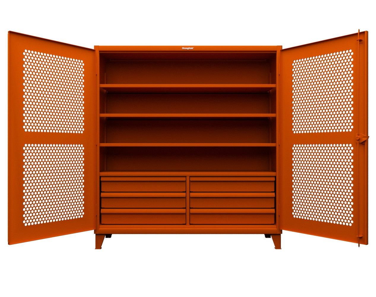 Extreme Duty 12 GA Ventilated (Hex) Cabinet with 6 Half-Width Drawers, 4 Shelves - 72 In. W x 24 In. D x 78 In. H - 66-H-244-6/5DB-2009