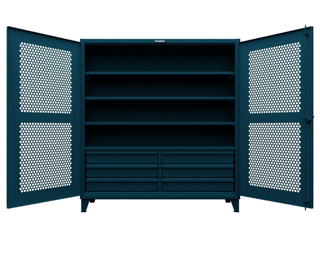 Extreme Duty 12 GA Ventilated (Hex) Cabinet with 6 Half-Width Drawers, 4 Shelves - 72 In. W x 24 In. D x 78 In. H - 66-H-244-6/5DB-5001