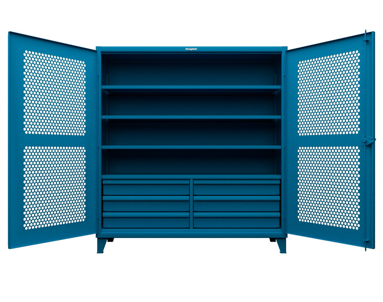 Extreme Duty 12 GA Ventilated (Hex) Cabinet with 6 Half-Width Drawers, 4 Shelves - 72 In. W x 24 In. D x 78 In. H - 66-H-244-6/5DB-5012