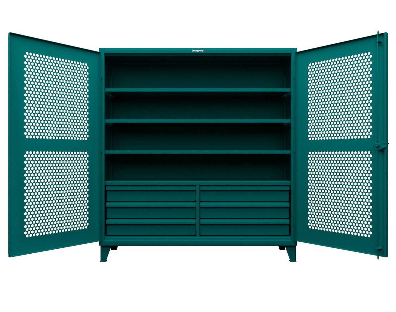 Extreme Duty 12 GA Ventilated (Hex) Cabinet with 6 Half-Width Drawers, 4 Shelves - 72 In. W x 24 In. D x 78 In. H - 66-H-244-6/5DB-5021