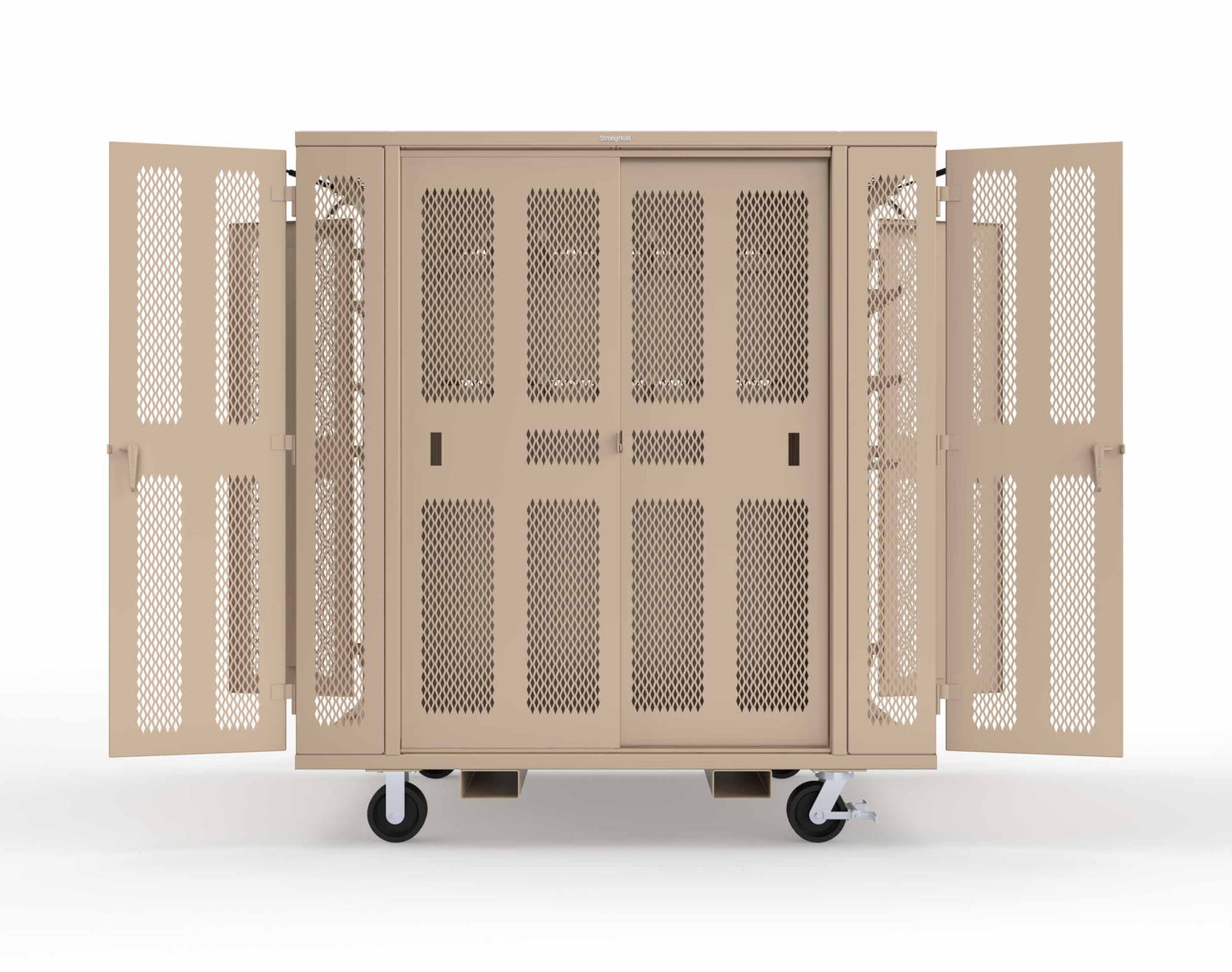 Extreme Duty Mobile Rigging Cabinet with 2 sets of 2 Ventilated Sliding Doors and 2 sets of 2 Ventilated Swing Doors with Short and Long Hangers - 86 in. W x 50 in. D x 100 in. H - 7.27.6-4V-500-2SLD-2ED-40SH-16LH-FLP-CA-1019