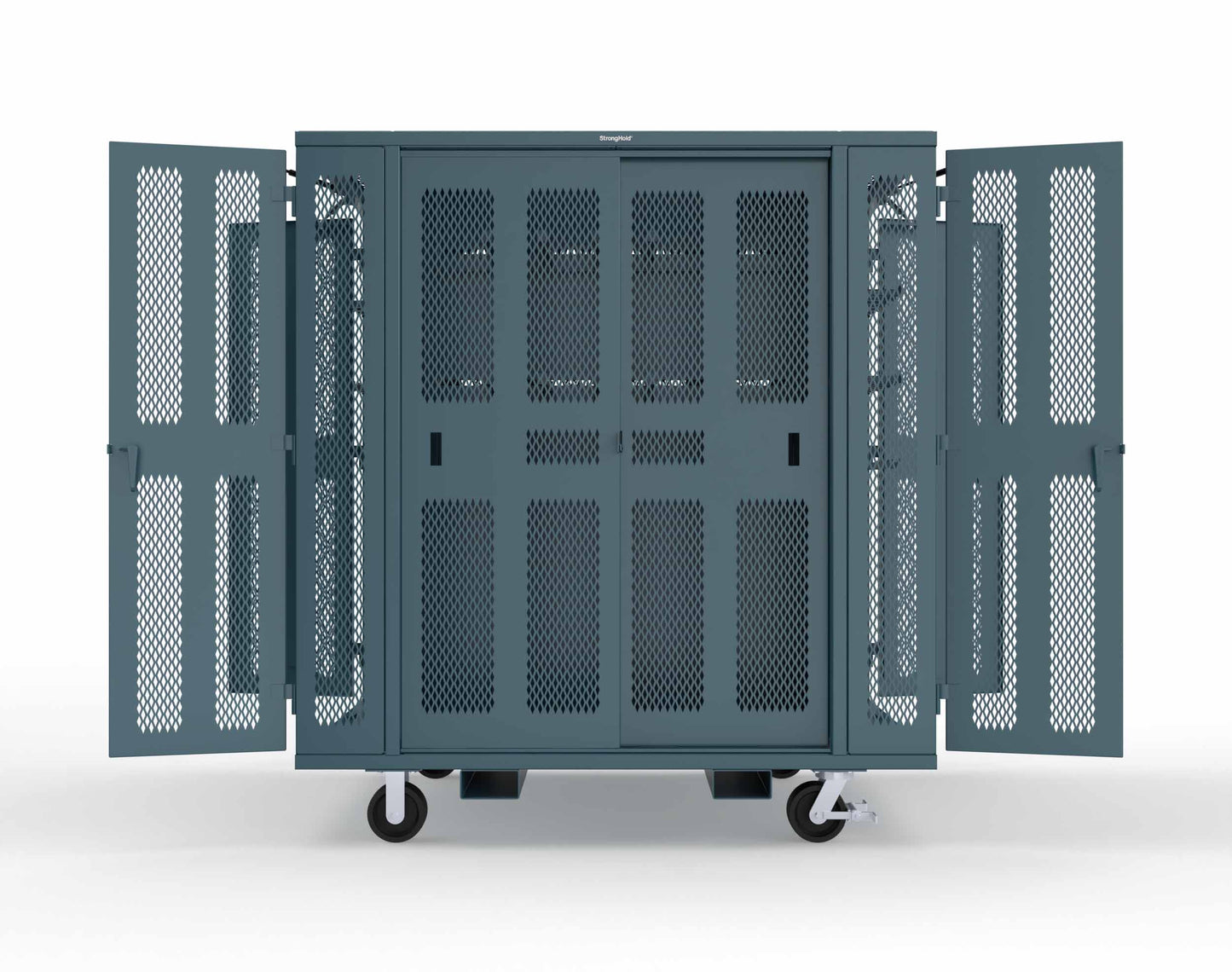 Extreme Duty Mobile Rigging Cabinet with 2 sets of 2 Ventilated Sliding Doors and 2 sets of 2 Ventilated Swing Doors with Short and Long Hangers - 86 in. W x 50 in. D x 100 in. H - 7.27.6-4V-500-2SLD-2ED-40SH-16LH-FLP-CA-5001