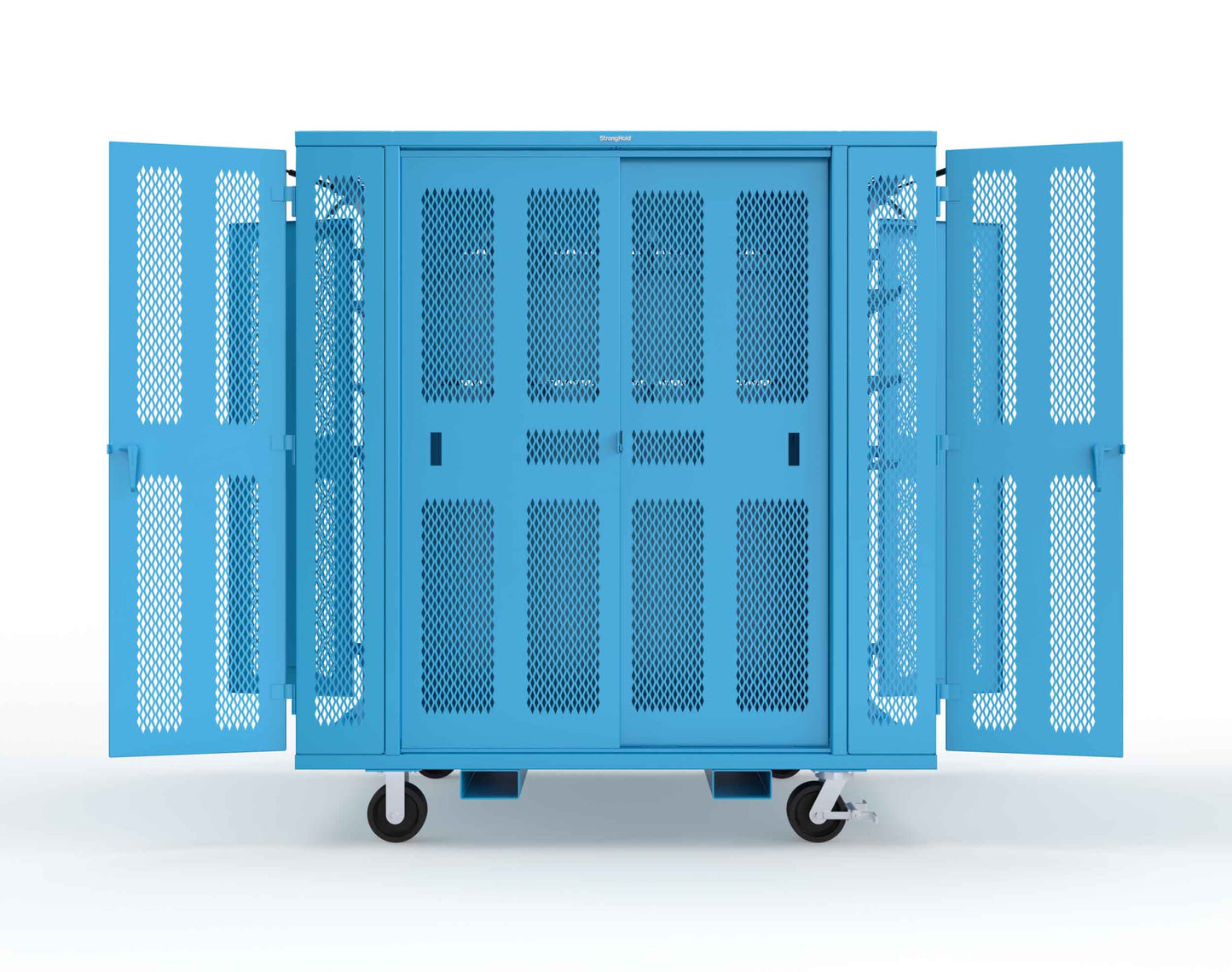 Extreme Duty Mobile Rigging Cabinet with 2 sets of 2 Ventilated Sliding Doors and 2 sets of 2 Ventilated Swing Doors with Short and Long Hangers - 86 in. W x 50 in. D x 100 in. H - 7.27.6-4V-500-2SLD-2ED-40SH-16LH-FLP-CA-5012