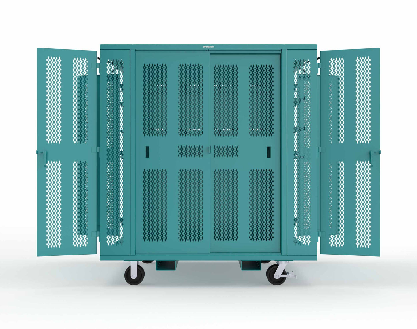 Extreme Duty Mobile Rigging Cabinet with 2 sets of 2 Ventilated Sliding Doors and 2 sets of 2 Ventilated Swing Doors with Short and Long Hangers - 86 in. W x 50 in. D x 100 in. H - 7.27.6-4V-500-2SLD-2ED-40SH-16LH-FLP-CA-5021