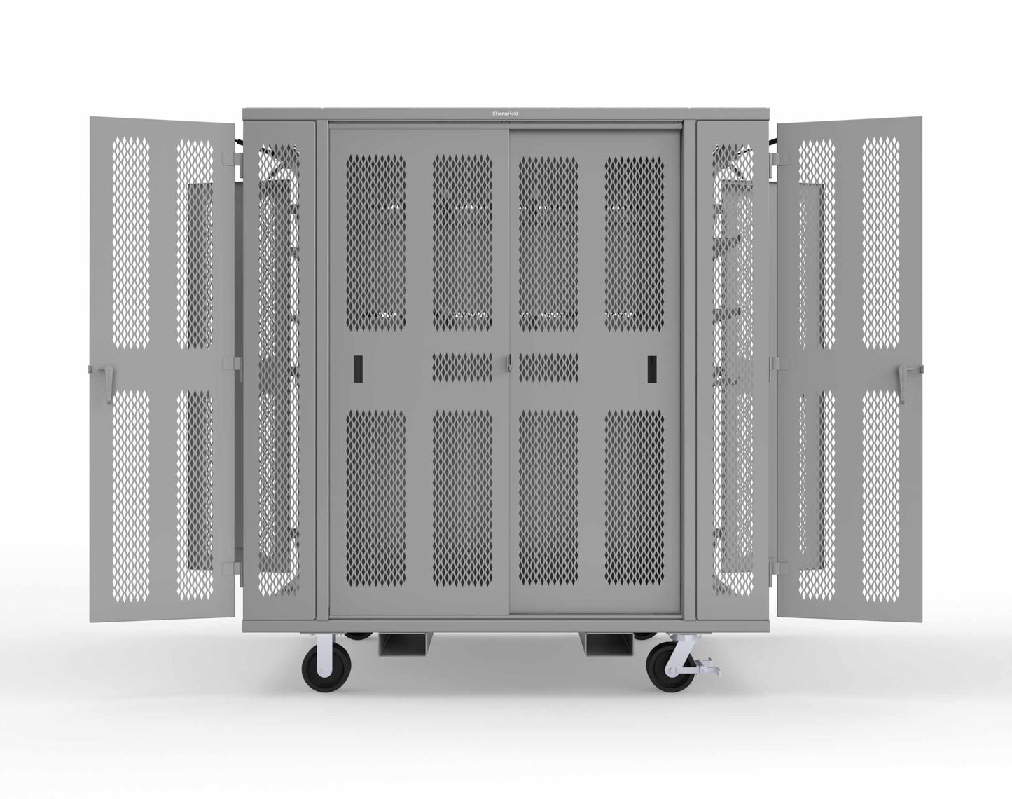 Extreme Duty Mobile Rigging Cabinet with 2 sets of 2 Ventilated Sliding Doors and 2 sets of 2 Ventilated Swing Doors with Short and Long Hangers - 86 in. W x 50 in. D x 100 in. H - 7.27.6-4V-500-2SLD-2ED-40SH-16LH-FLP-CA-7037