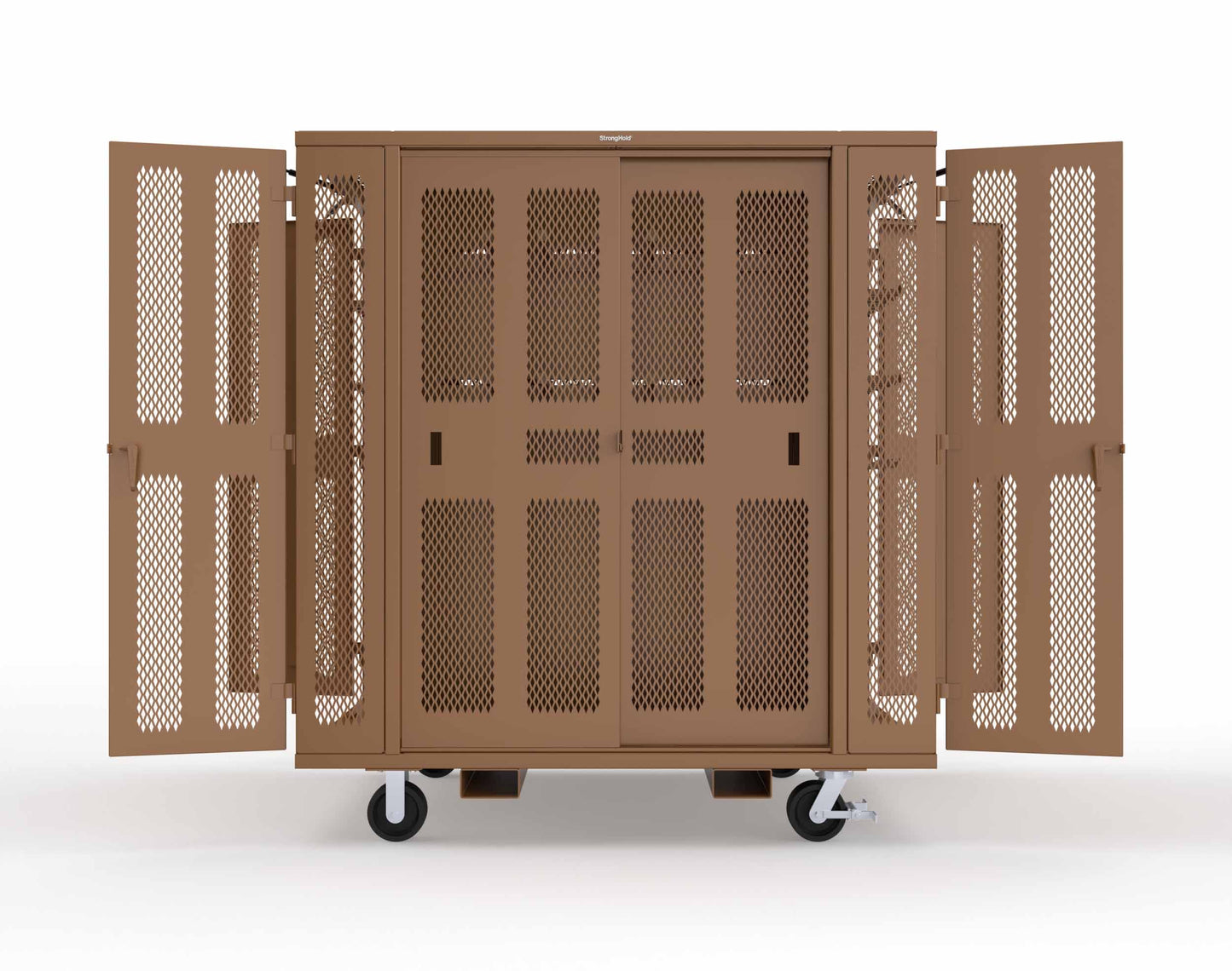 Extreme Duty Mobile Rigging Cabinet with 2 sets of 2 Ventilated Sliding Doors and 2 sets of 2 Ventilated Swing Doors with Short and Long Hangers - 86 in. W x 50 in. D x 100 in. H - 7.27.6-4V-500-2SLD-2ED-40SH-16LH-FLP-CA-8008