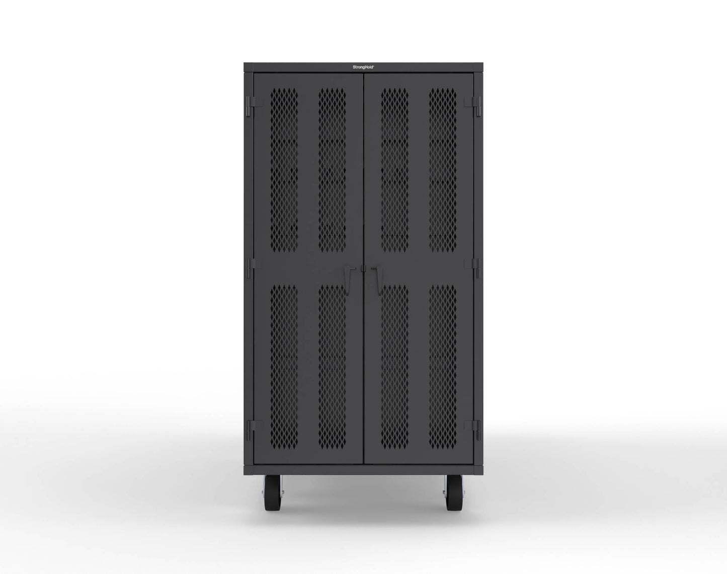 Extreme Duty Mobile Rigging Cabinet with 2 sets of 2 Ventilated Sliding Doors and 2 sets of 2 Ventilated Swing Doors with Short and Long Hangers - 86 in. W x 50 in. D x 100 in. H - 7.27.6-4V-500-2SLD-2ED-40SH-16LH-FLP-CA-9005