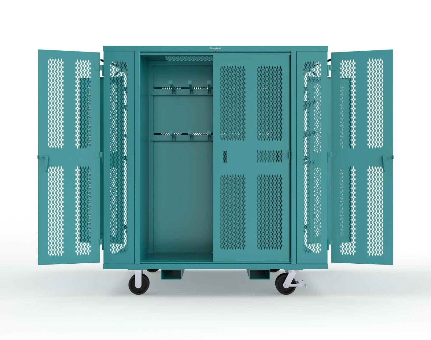 Extreme Duty Mobile Rigging Cabinet with 2 sets of 2 Ventilated Sliding Doors and 2 sets of 2 Ventilated Swing Doors with Short and Long Hangers - 86 in. W x 50 in. D x 100 in. H - 7.27.6-4V-500-2SLD-2ED-40SH-16LH-FLP-CA-5021