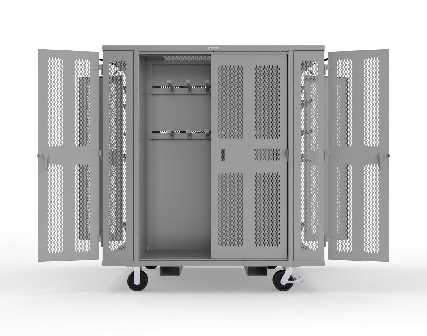 Extreme Duty Mobile Rigging Cabinet with 2 sets of 2 Ventilated Sliding Doors and 2 sets of 2 Ventilated Swing Doors with Short and Long Hangers - 86 in. W x 50 in. D x 100 in. H - 7.27.6-4V-500-2SLD-2ED-40SH-16LH-FLP-CA-7037