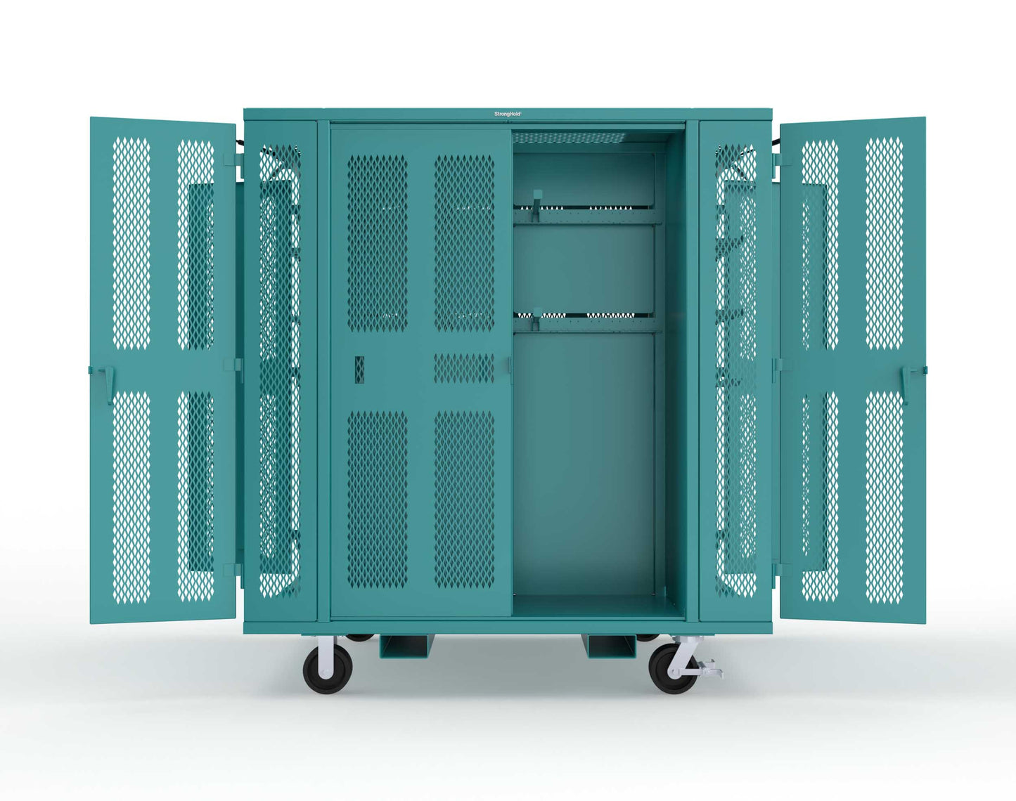 Extreme Duty Mobile Rigging Cabinet with 2 sets of 2 Ventilated Sliding Doors and 2 sets of 2 Ventilated Swing Doors with Short and Long Hangers - 86 in. W x 50 in. D x 100 in. H - 7.27.6-4V-500-2SLD-2ED-40SH-16LH-FLP-CA-5021