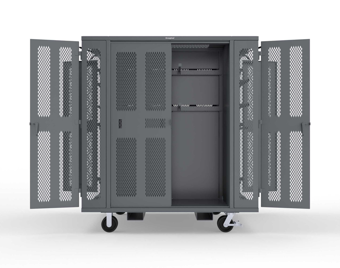Extreme Duty Mobile Rigging Cabinet with 2 sets of 2 Ventilated Sliding Doors and 2 sets of 2 Ventilated Swing Doors with Short and Long Hangers - 86 in. W x 50 in. D x 100 in. H - 7.27.6-4V-500-2SLD-2ED-40SH-16LH-FLP-CA-7024