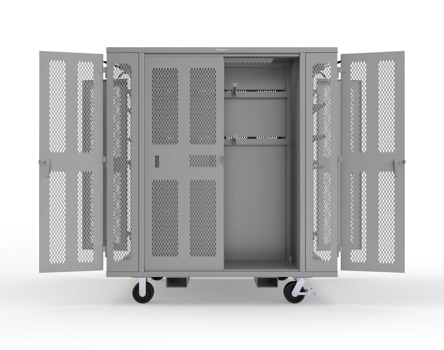 Extreme Duty Mobile Rigging Cabinet with 2 sets of 2 Ventilated Sliding Doors and 2 sets of 2 Ventilated Swing Doors with Short and Long Hangers - 86 in. W x 50 in. D x 100 in. H - 7.27.6-4V-500-2SLD-2ED-40SH-16LH-FLP-CA-7037