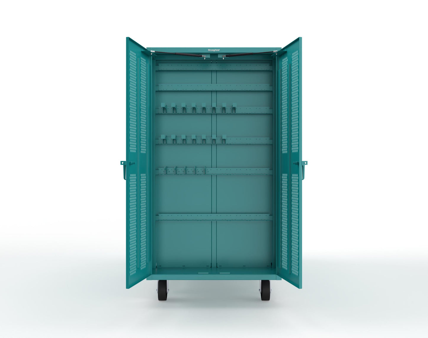 Extreme Duty Mobile Rigging Cabinet with 2 sets of 2 Ventilated Sliding Doors and 2 sets of 2 Ventilated Swing Doors with Short and Long Hangers - 86 in. W x 50 in. D x 100 in. H - 7.27.6-4V-500-2SLD-2ED-40SH-16LH-FLP-CA-5021