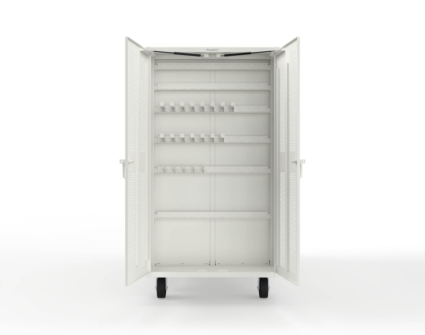 Extreme Duty Mobile Rigging Cabinet with 2 sets of 2 Ventilated Sliding Doors and 2 sets of 2 Ventilated Swing Doors with Short and Long Hangers - 86 in. W x 50 in. D x 100 in. H - 7.27.6-4V-500-2SLD-2ED-40SH-16LH-FLP-CA-9003