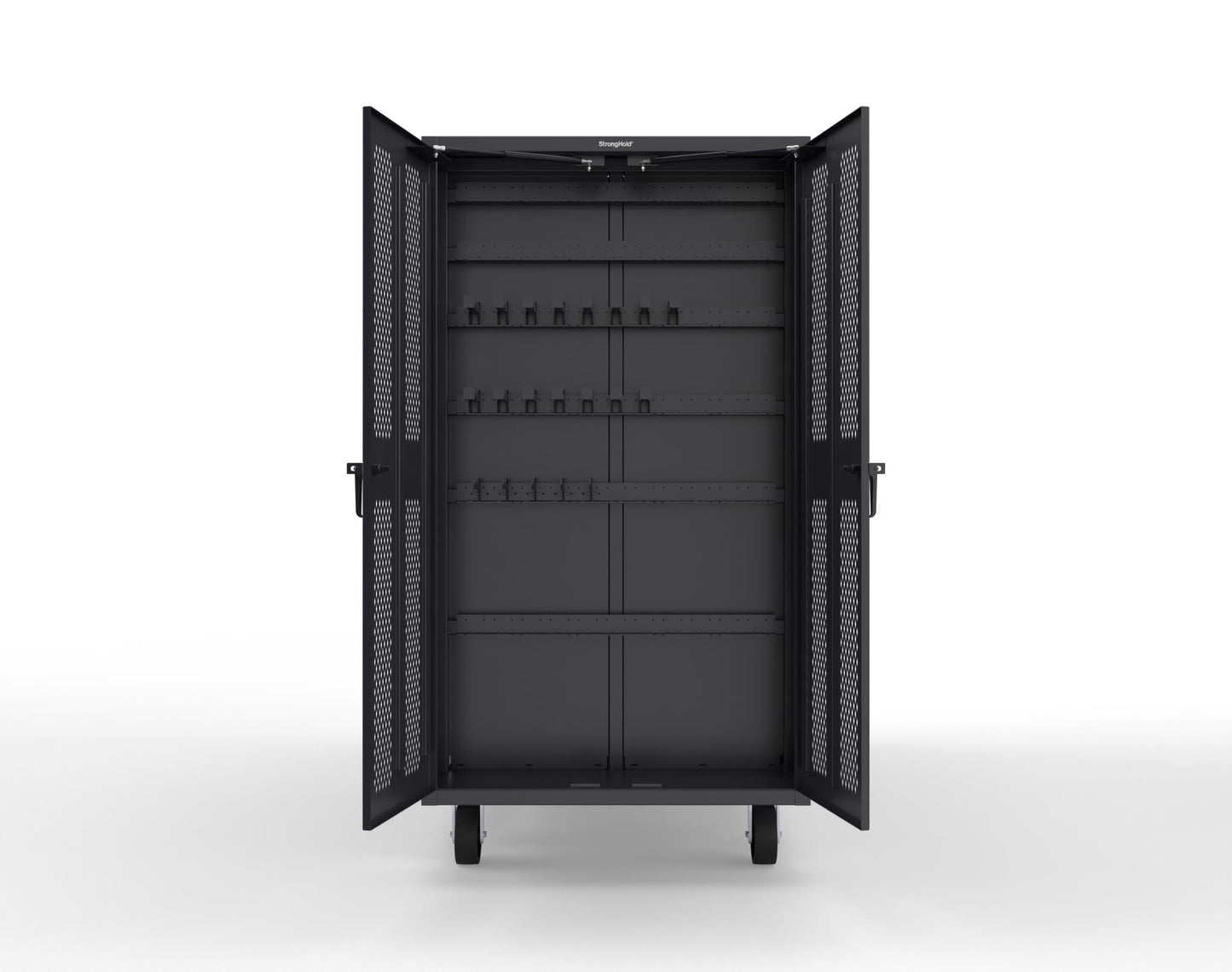 Extreme Duty Mobile Rigging Cabinet with 2 sets of 2 Ventilated Sliding Doors and 2 sets of 2 Ventilated Swing Doors with Short and Long Hangers - 86 in. W x 50 in. D x 100 in. H - 7.27.6-4V-500-2SLD-2ED-40SH-16LH-FLP-CA-9005