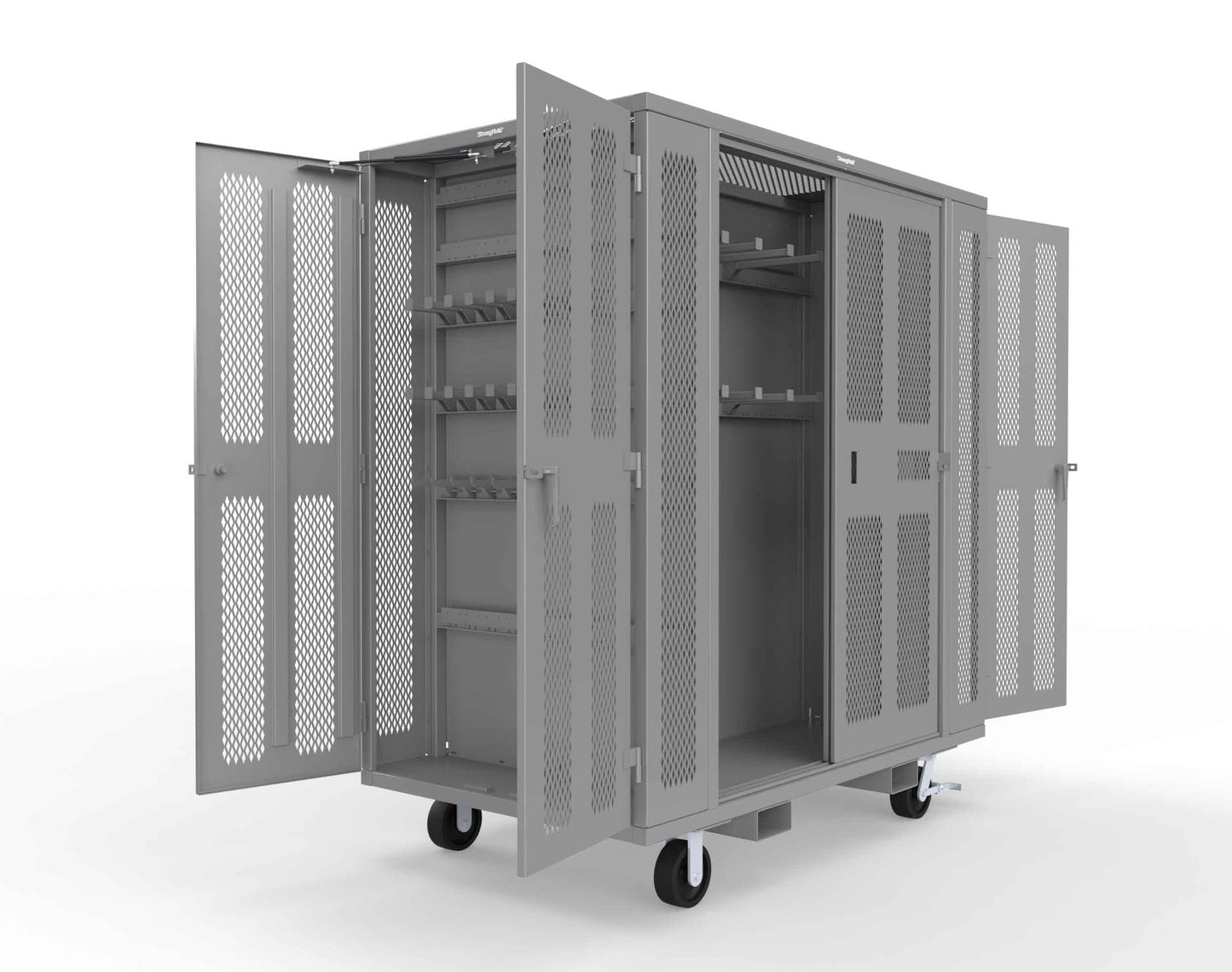 Extreme Duty Mobile Rigging Cabinet with 2 sets of 2 Ventilated Sliding Doors and 2 sets of 2 Ventilated Swing Doors with Short and Long Hangers - 86 in. W x 50 in. D x 100 in. H - 7.27.6-4V-500-2SLD-2ED-40SH-16LH-FLP-CA-7037