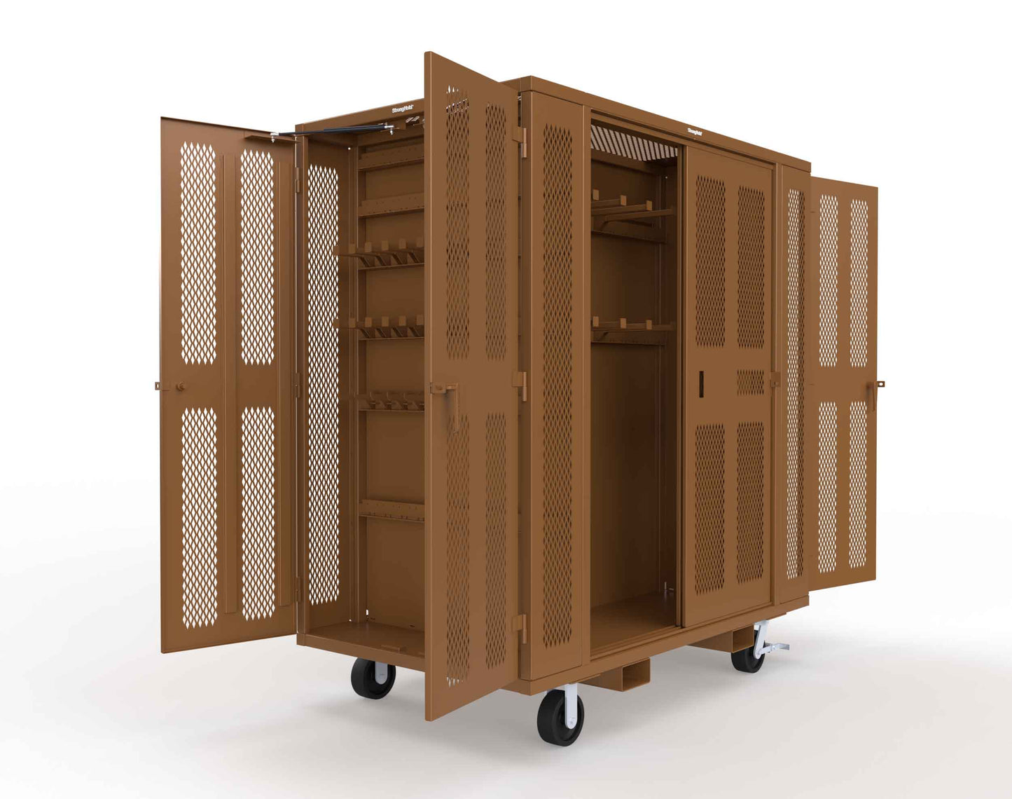 Extreme Duty Mobile Rigging Cabinet with 2 sets of 2 Ventilated Sliding Doors and 2 sets of 2 Ventilated Swing Doors with Short and Long Hangers - 86 in. W x 50 in. D x 100 in. H - 7.27.6-4V-500-2SLD-2ED-40SH-16LH-FLP-CA-8008