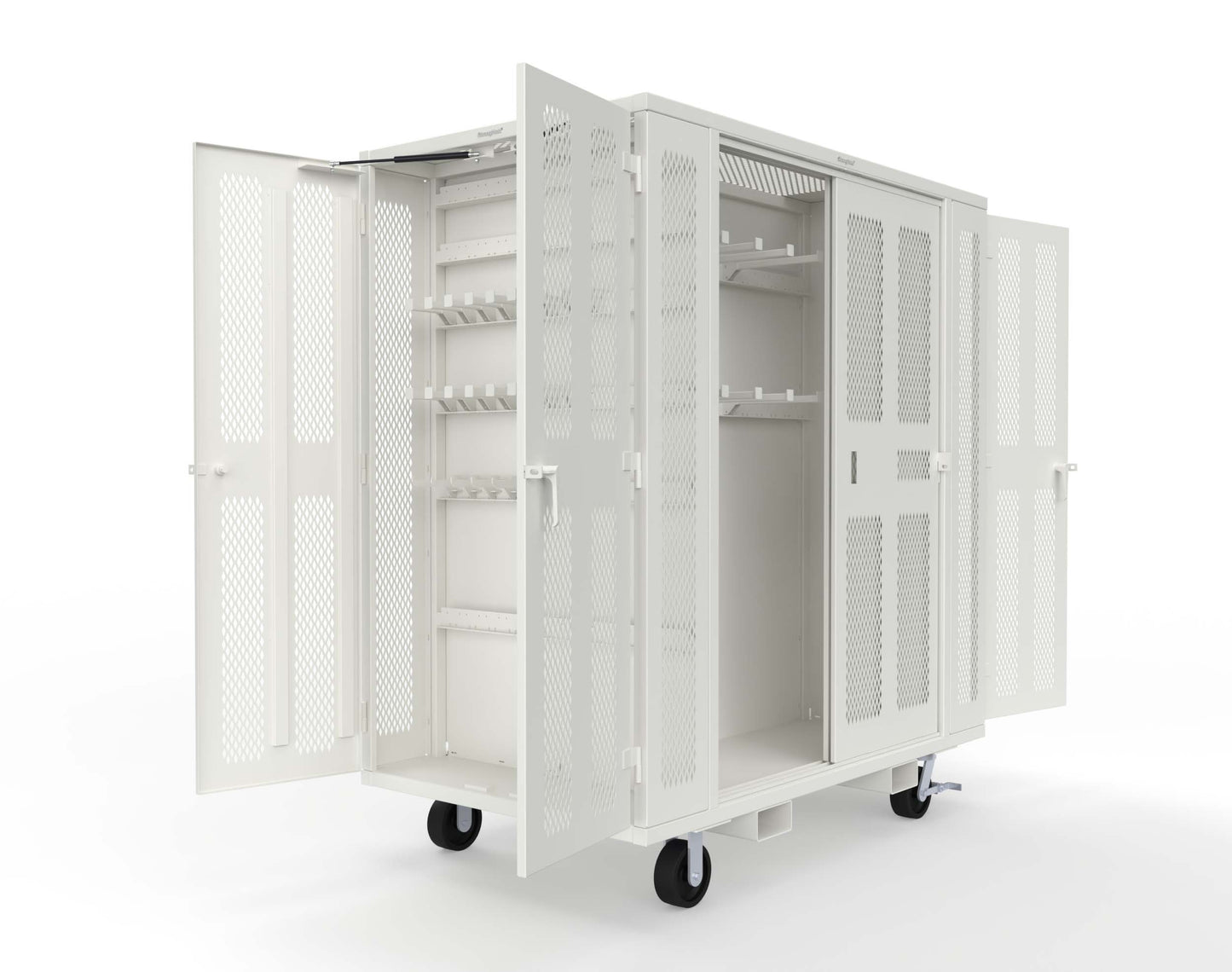 Extreme Duty Mobile Rigging Cabinet with 2 sets of 2 Ventilated Sliding Doors and 2 sets of 2 Ventilated Swing Doors with Short and Long Hangers - 86 in. W x 50 in. D x 100 in. H - 7.27.6-4V-500-2SLD-2ED-40SH-16LH-FLP-CA-9003