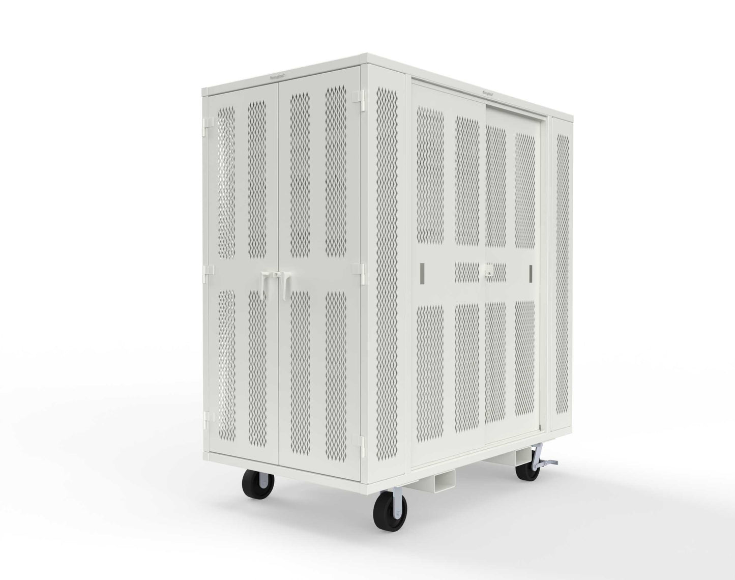Extreme Duty Mobile Rigging Cabinet with 2 sets of 2 Ventilated Sliding Doors and 2 sets of 2 Ventilated Swing Doors with Short and Long Hangers - 86 in. W x 50 in. D x 100 in. H - 7.27.6-4V-500-2SLD-2ED-40SH-16LH-FLP-CA-9003