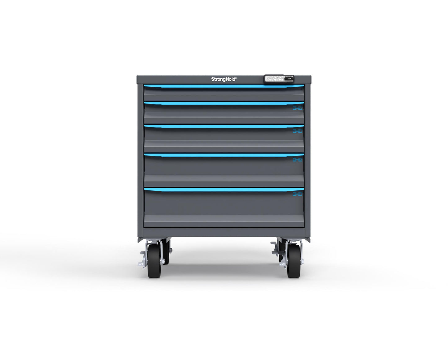 Modular Drawer 14 GA Storage Cabinet with 5 total Drawers - 30 In. W x 29 In. D x 36 In H. - 2" Drawers x 1, 3" Drawers x 1, 4" Drawers x 1, 5" Drawers x 1, 6" Drawers x 1 - 6" Casters - 30 In. W x 29 In. D x 36 In H - S3036-PCRAS-0503FS-5012-CompX-Regulator
