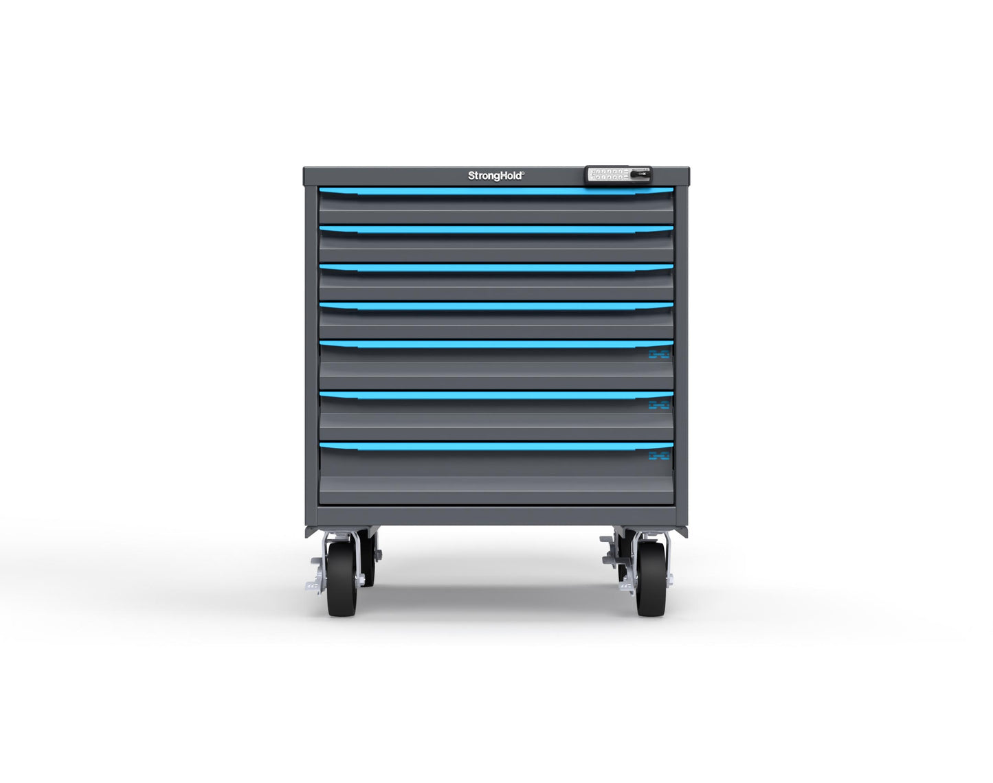 Modular Drawer 14 GA Storage Cabinet with 7 total Drawers - 30 In. W x 29 In. D x 36 In H. - 2" Drawers x 4, 3" Drawers x 2, 4" Drawers x 1 - 6" Casters - 30 In. W x 29 In. D x 36 In H - S3036-PCRAS-0702FS-5012-CompX-Regulator