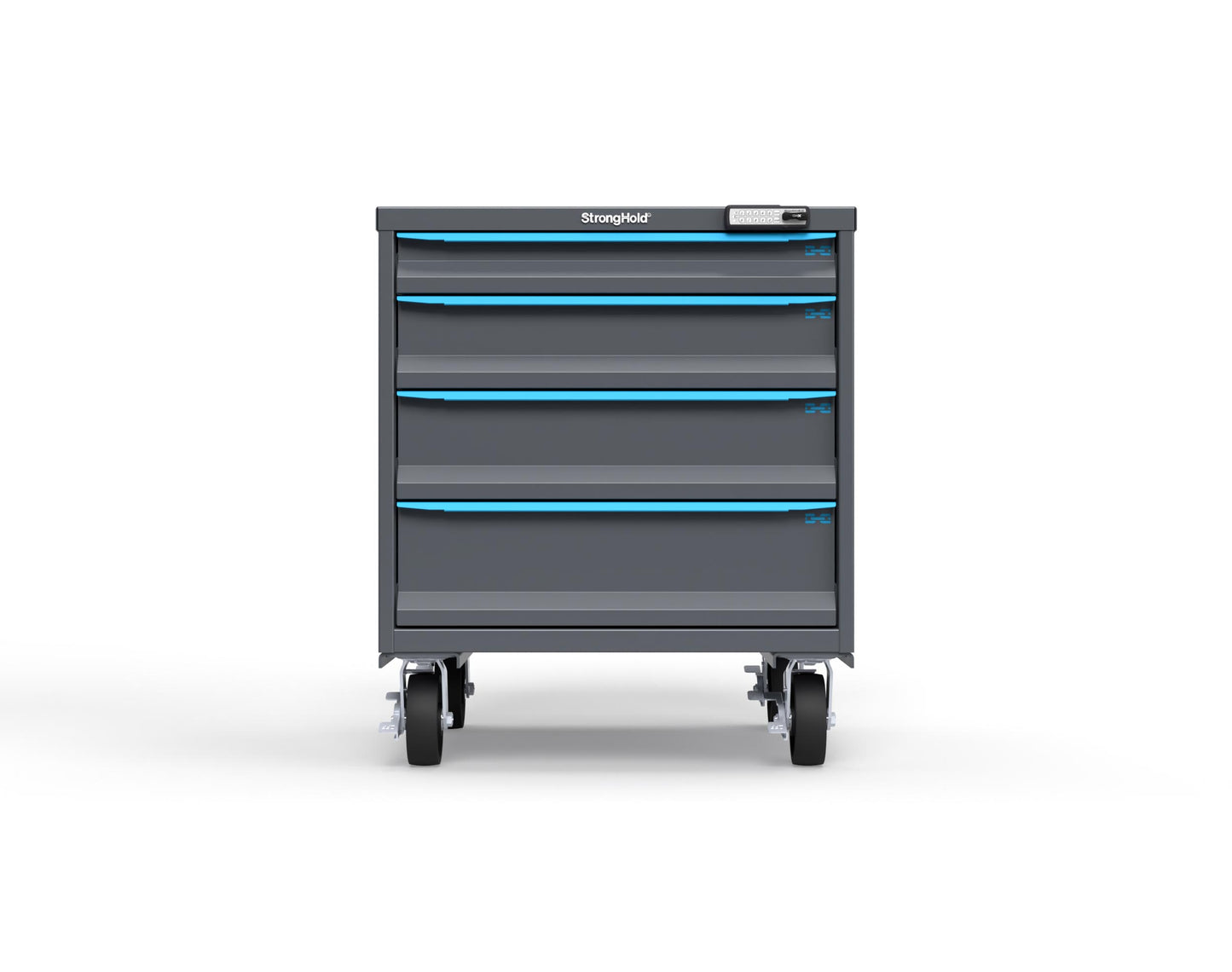 Modular Drawer 14 GA Storage Cabinet with 4 total Drawers - 30 In. W x 29 In. D x 36 In H. - 3" Drawers x 1, 5" Drawers x 1, 6" Drawers x 1, 7" Drawers x 1 - 6" Casters - 30 In. W x 29 In. D x 36 In H - S3036-PCRAS-0403FS-5012-CompX-Regulator