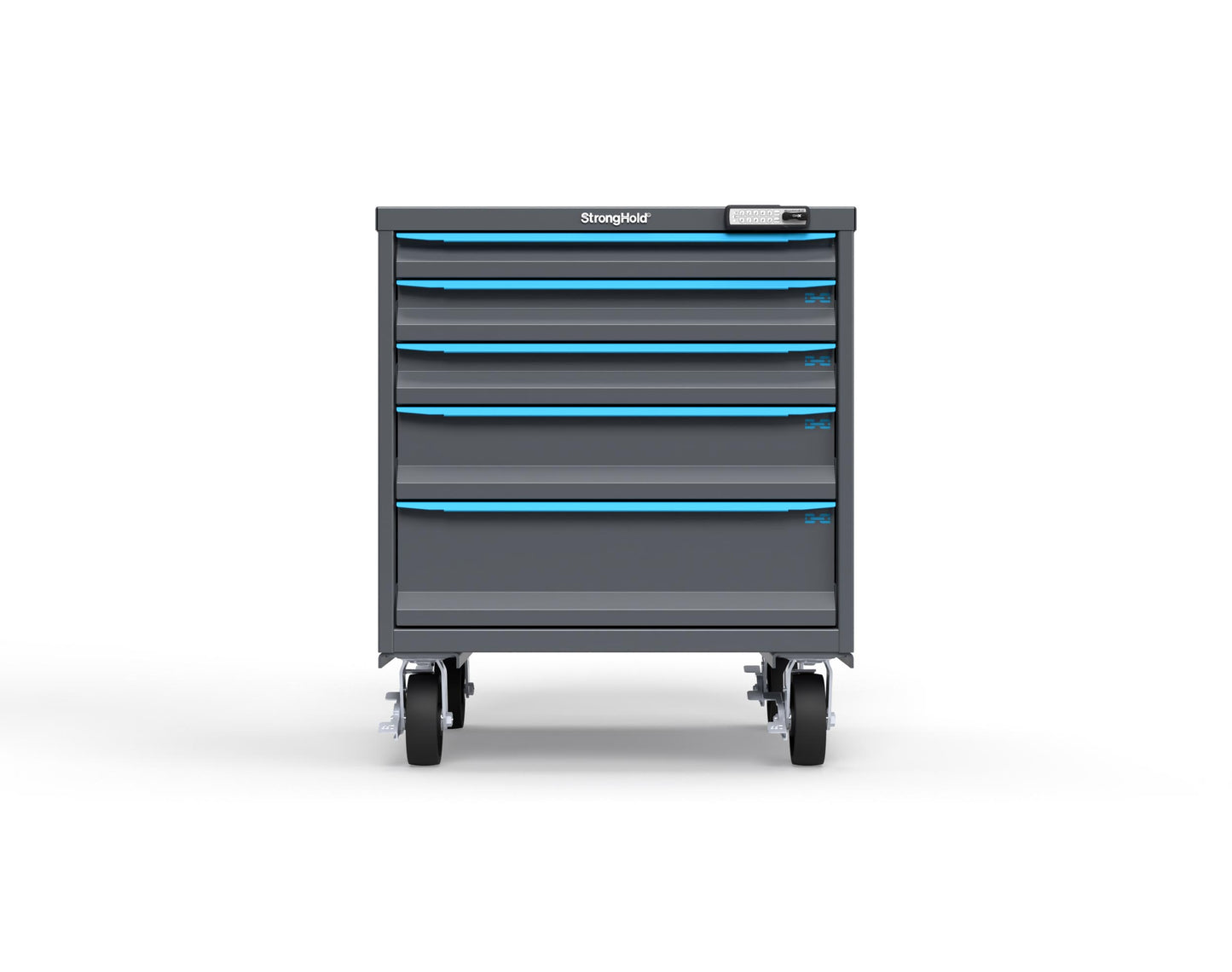 Modular Drawer 14 GA Storage Cabinet with 5 total Drawers - 30 In. W x 29 In. D x 36 In H. - 2" Drawers x 1, 3" Drawers x 2, 5" Drawers x 1, 7" Drawers x 1 - 6" Casters - 30 In. W x 29 In. D x 36 In H - S3036-PCRAS-0501FS-5012-CompX-Regulator