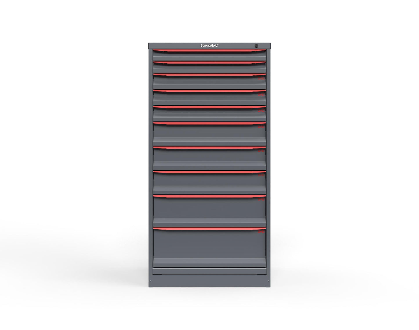 Modular Drawer 14 GA Storage Cabinet with 10 total drawers -2" Drawers x2, 3" Drawers x3, 5" Drawers x3, 7" Drawers x1, 9" Drawers x1 - 3" Integrated Legs - 30 In. W x 29 In. D x 60 In H. - S3060-PPDAS-1001DS-3001
